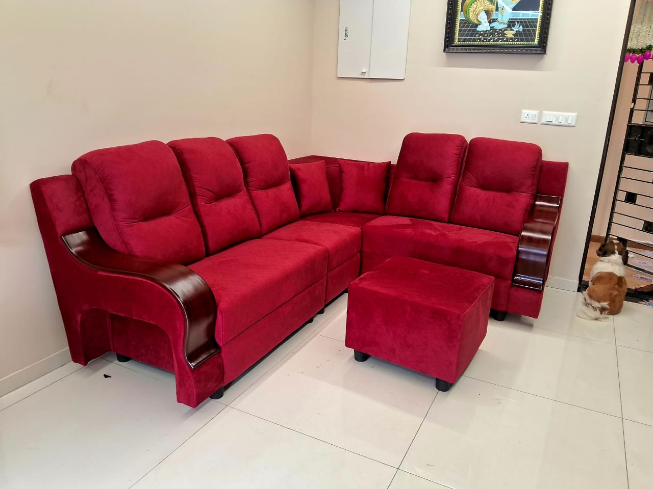 Red velvet corner sofa upholstery Chennai