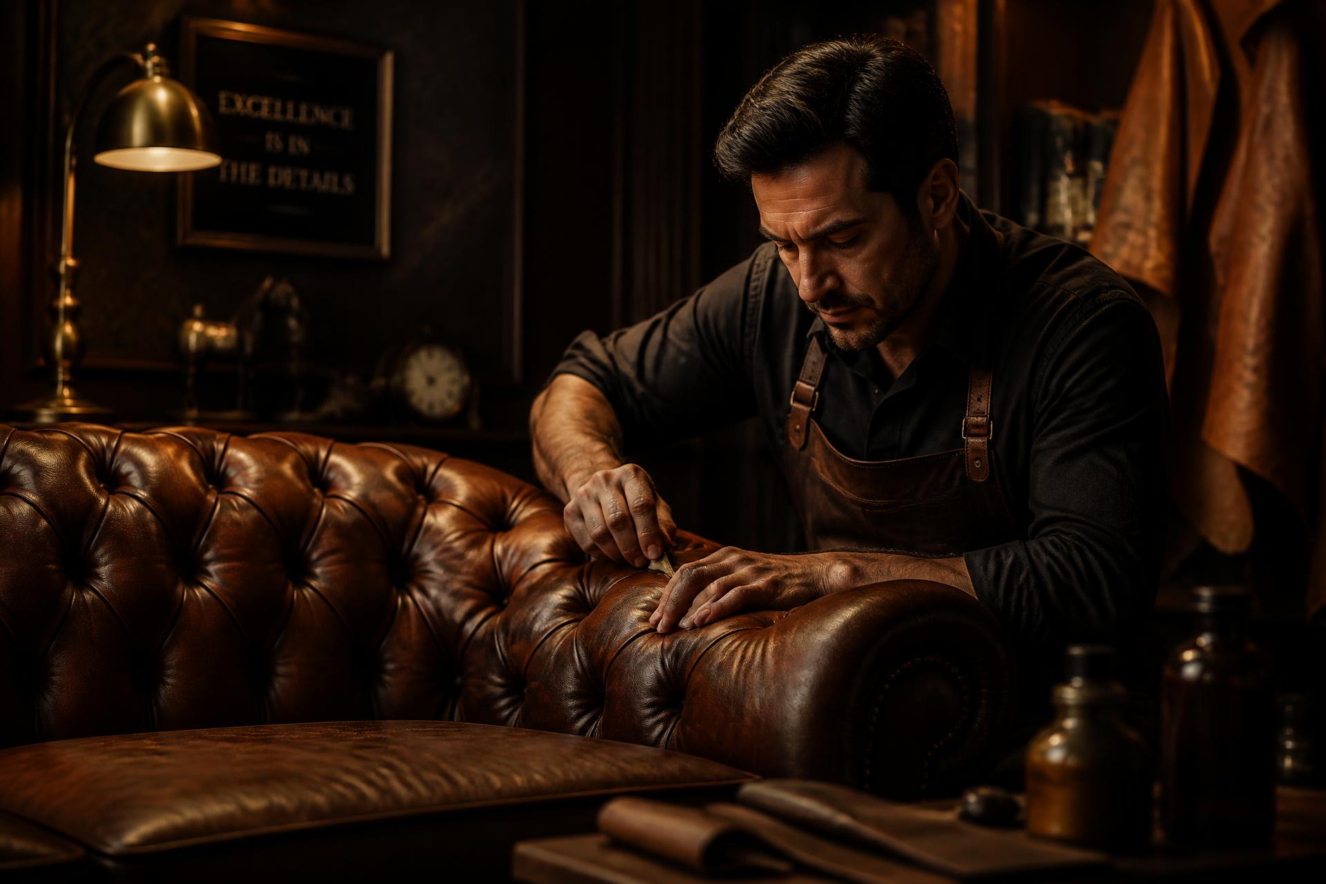 Expert craftsman doing leather sofa repair in Chennai
